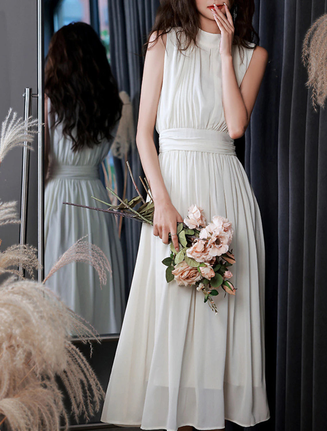 Luolandi Reception Little Dresses Wedding Dresses A-Line High Neck Sleeveless Tea Length Chiffon Bridal Gowns With Pleats