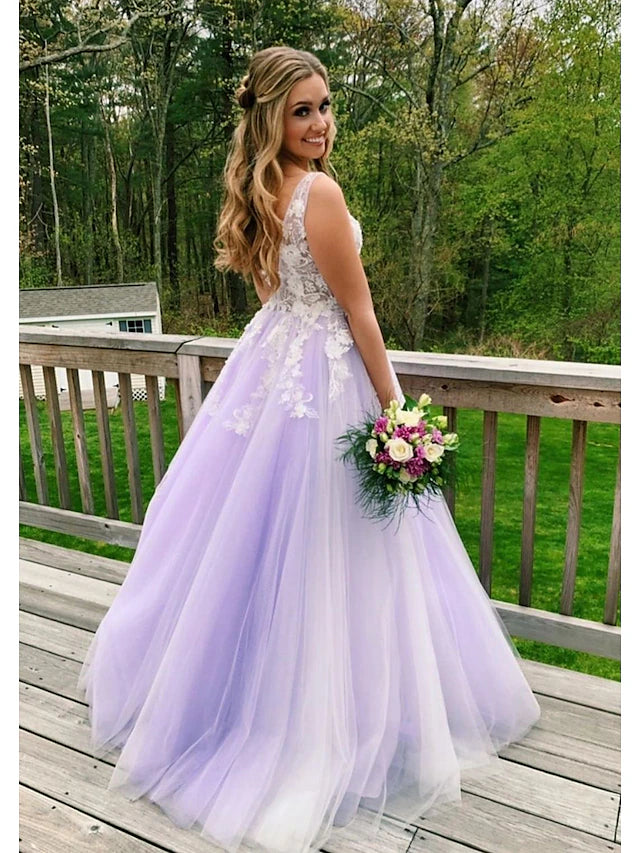 Luolandi Ball Gown A-Line Prom Dresses Color Block Dress Formal Floor Length Sleeveless V Neck Tulle Backless V Back with Beading