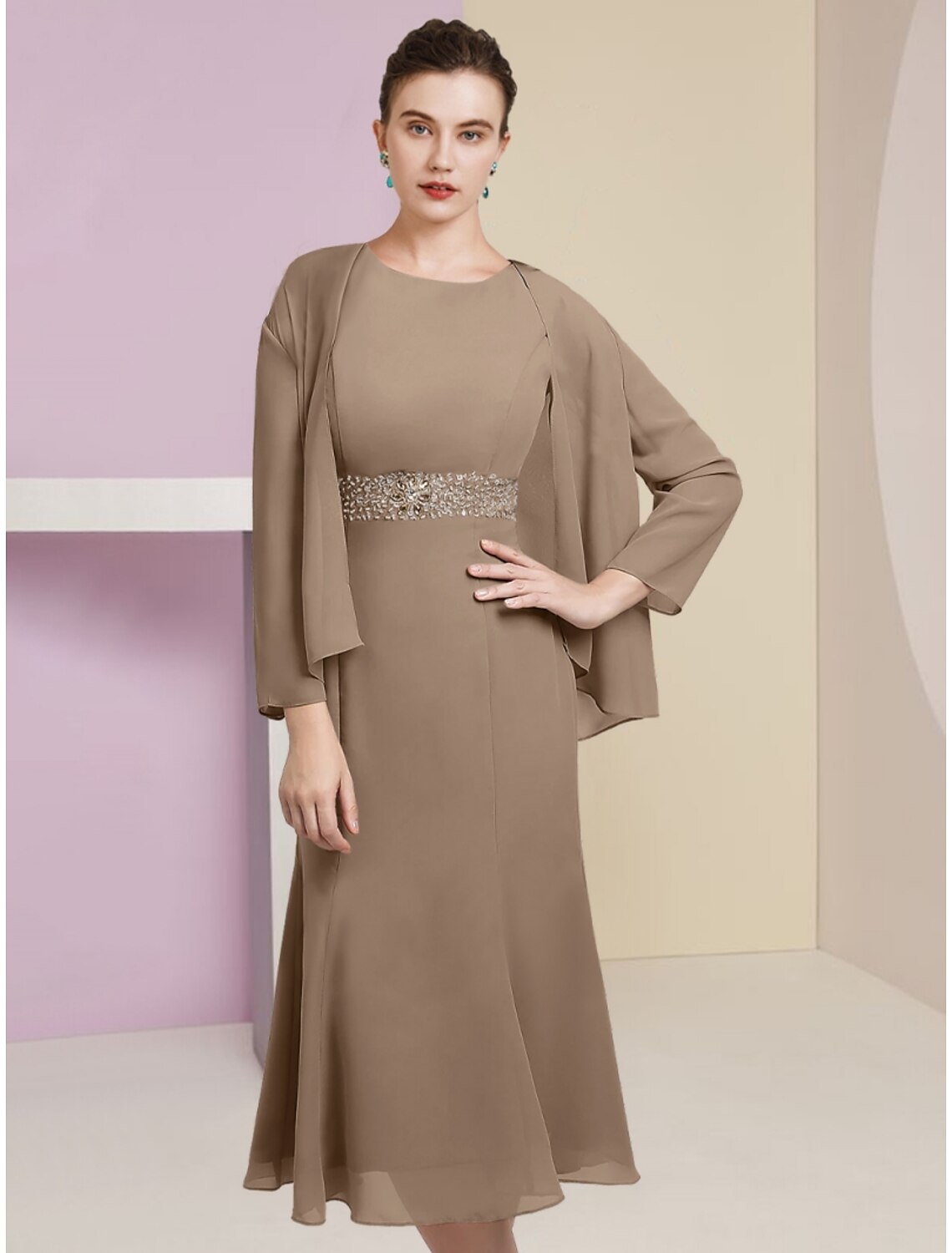 Luolandi Mermaid / Trumpet Mother of the Bride Dress Wedding Guest Elegant Scoop Neck Tea Length Chiffon Long Sleeve with Crystals