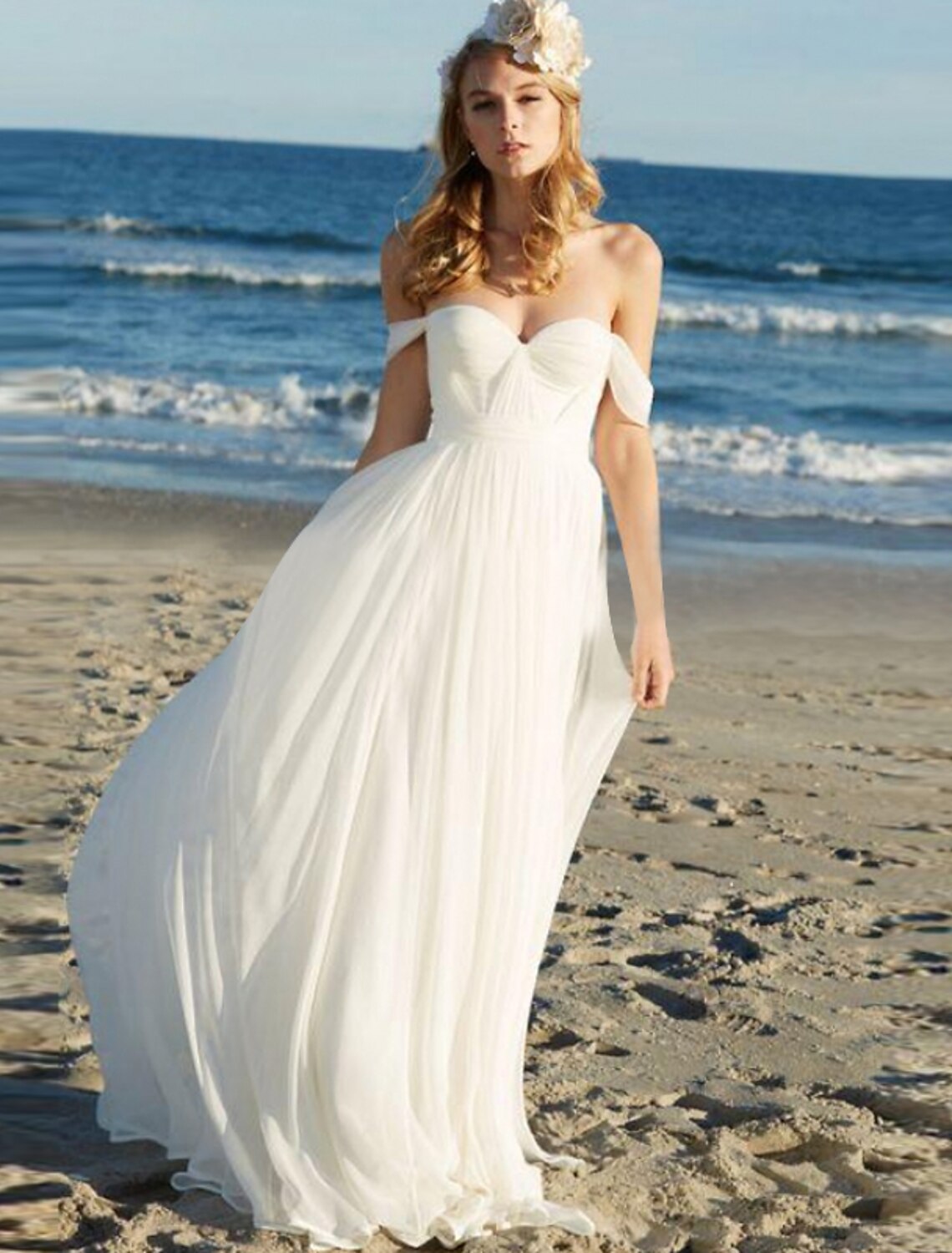 Luolandi Beach Sexy Boho Wedding Dresses A-Line Off Shoulder Cap Sleeve Floor Length Chiffon Bridal Gowns With Pleats