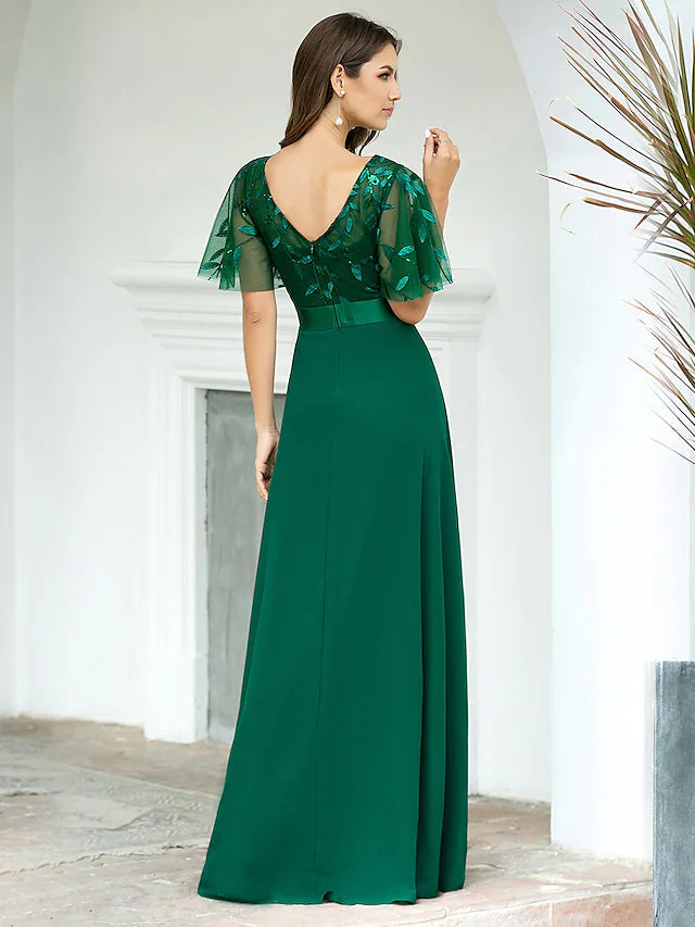 Luolandi A-Line Prom Dresses Empire Dress Evening Party Floor Length Short Sleeve Jewel Neck Chiffon V Back