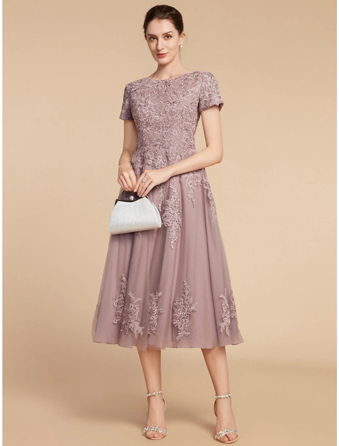 Luolandi A-Line Mother of the Bride Dress Wedding Guest Elegant Petite Jewel Neck Tea Length Lace Tulle Short Sleeve