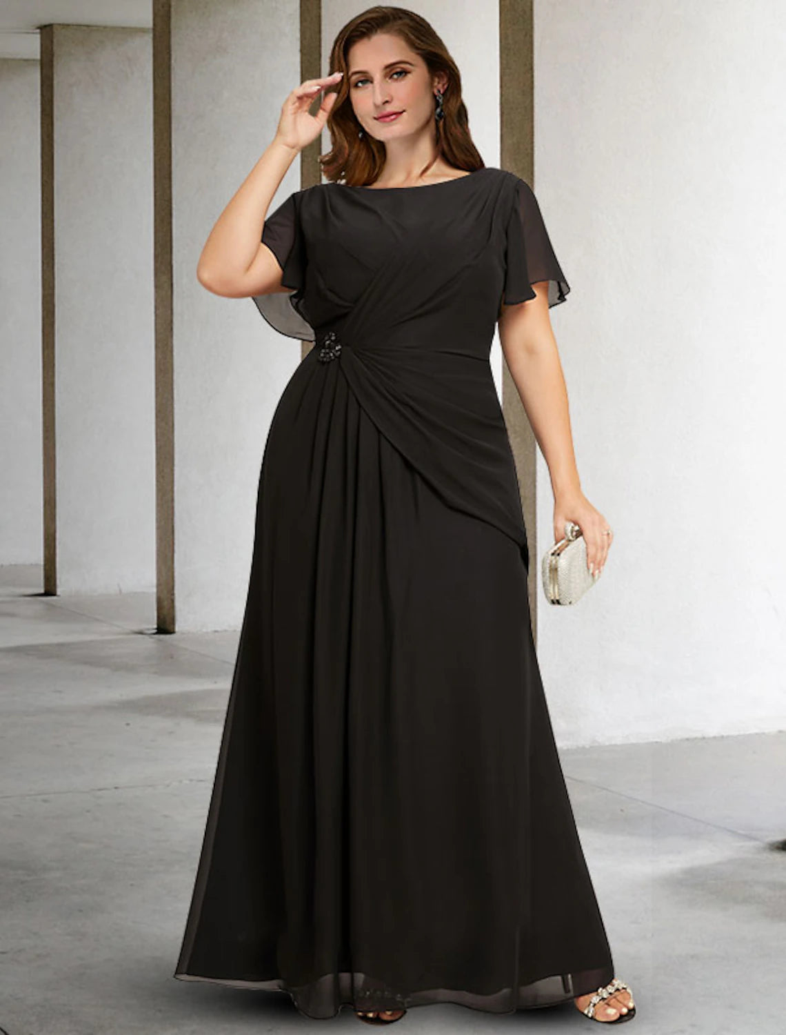 Luolandi A-Line Mother of the Bride Dresses Plus Size Hide Belly Curve Elegant Dress Formal Floor Length Sleeveless Jewel Neck Chiffon with Ruched