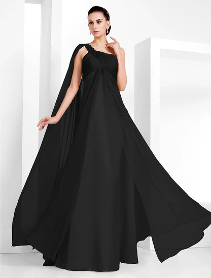 Sheath / Column Elegant Formal Evening Black Tie Gala Dress One Shoulder Sleeveless Floor Length Chiffon with Criss