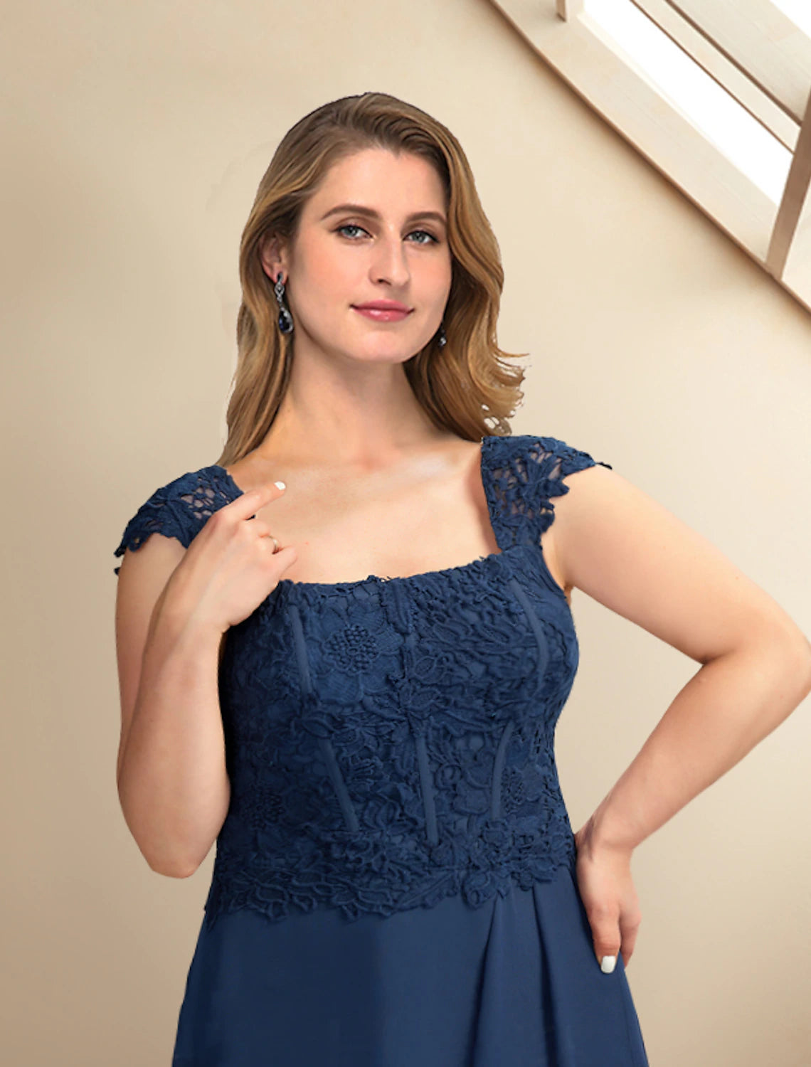 Luolandi Two Piece A-Line Mother of the Bride Dresses Plus Size Hide Belly Curve Elegant Dress Formal Asymmetrical Half Sleeve Square Neck Chiffon with Pleats