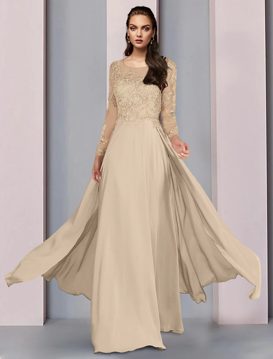Luolandi A-Line Mother of the Bride Dress Wedding Guest Party Elegant Scoop Neck Floor Length Chiffon Half Sleeve with Lace
