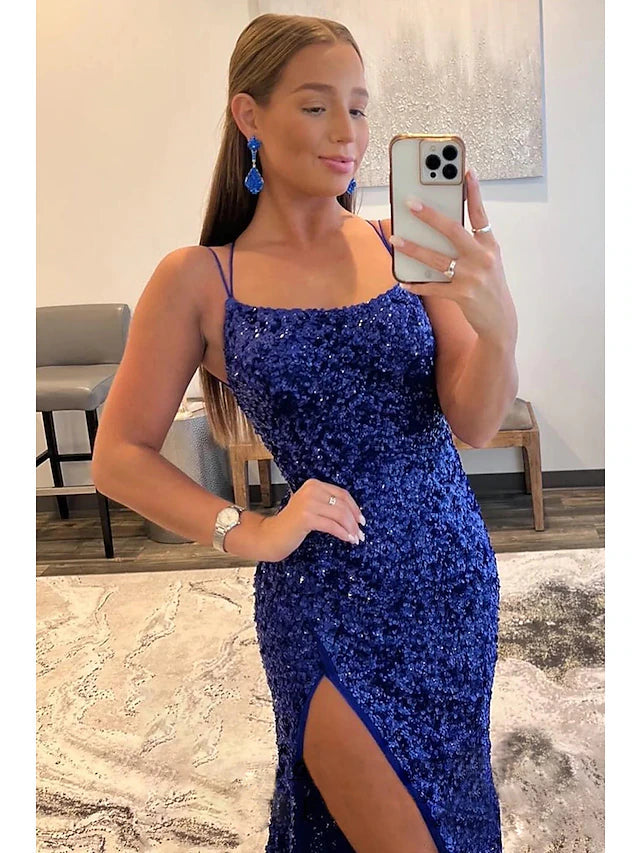 Luolandi Mermaid / Trumpet Prom Dresses Hot Dress Formal Sweep / Brush Train Sleeveless Spaghetti Strap Sequined Backless