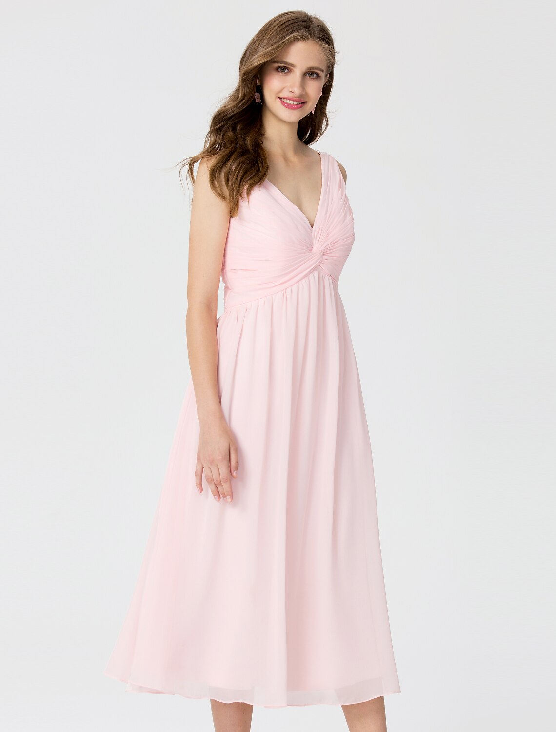 Luolandi Ball Gown / A-Line V Neck Tea Length Chiffon Bridesmaid Dress with Criss Cross