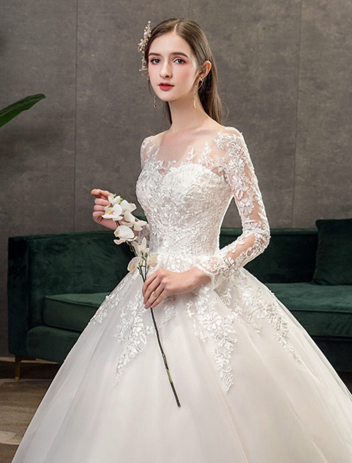 Luolandi Engagement Formal Fall Wedding Dresses Ball Gown Illusion Neck Long Sleeve Cathedral Train Lace Bridal Gowns