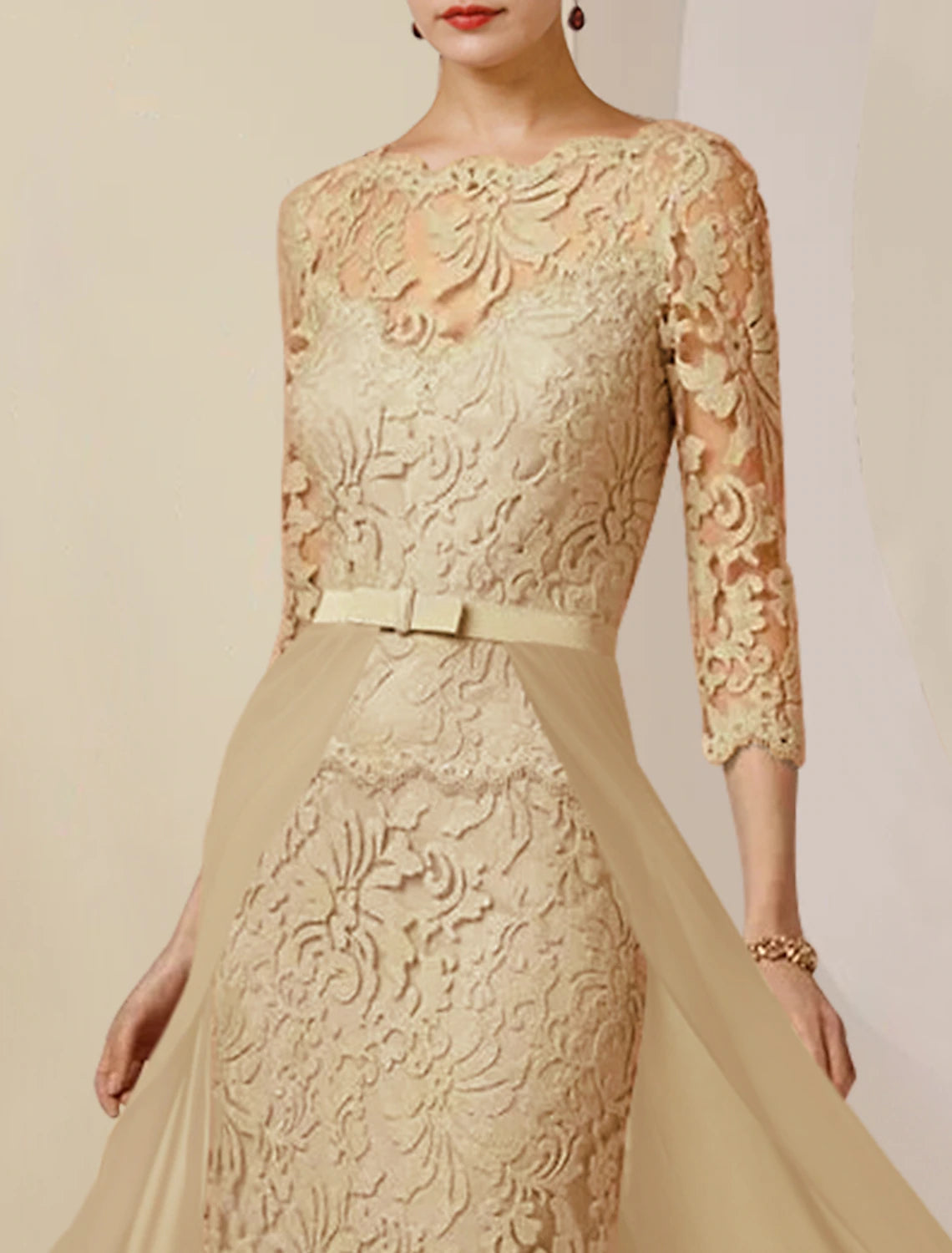 Luolandi Sheath / Column Mother of the Bride Dress Formal Wedding Guest Party Elegant Scoop Neck Floor Length Chiffon Lace 3/4 Length Sleeve