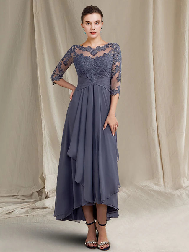Luolandi A-Line Mother of the Bride Dress Plus Size Elegant High Low Jewel Neck Asymmetrical Tea Length Chiffon Lace Half Sleeve with Ruched