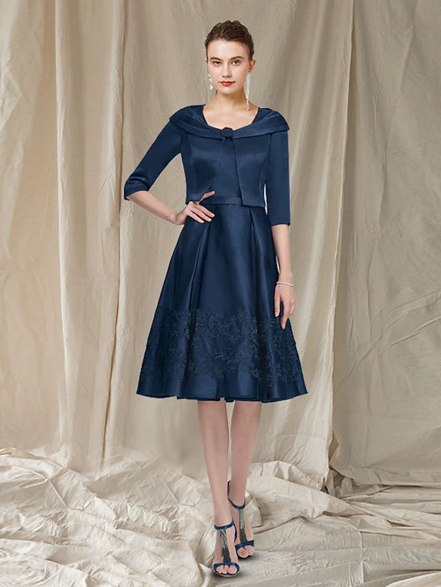 Luolandi Two Piece A-Line Mother of the Bride Dress Church Elegant Scoop Neck Knee Length Satin Lace Sleeveless Short Jacket Dresses