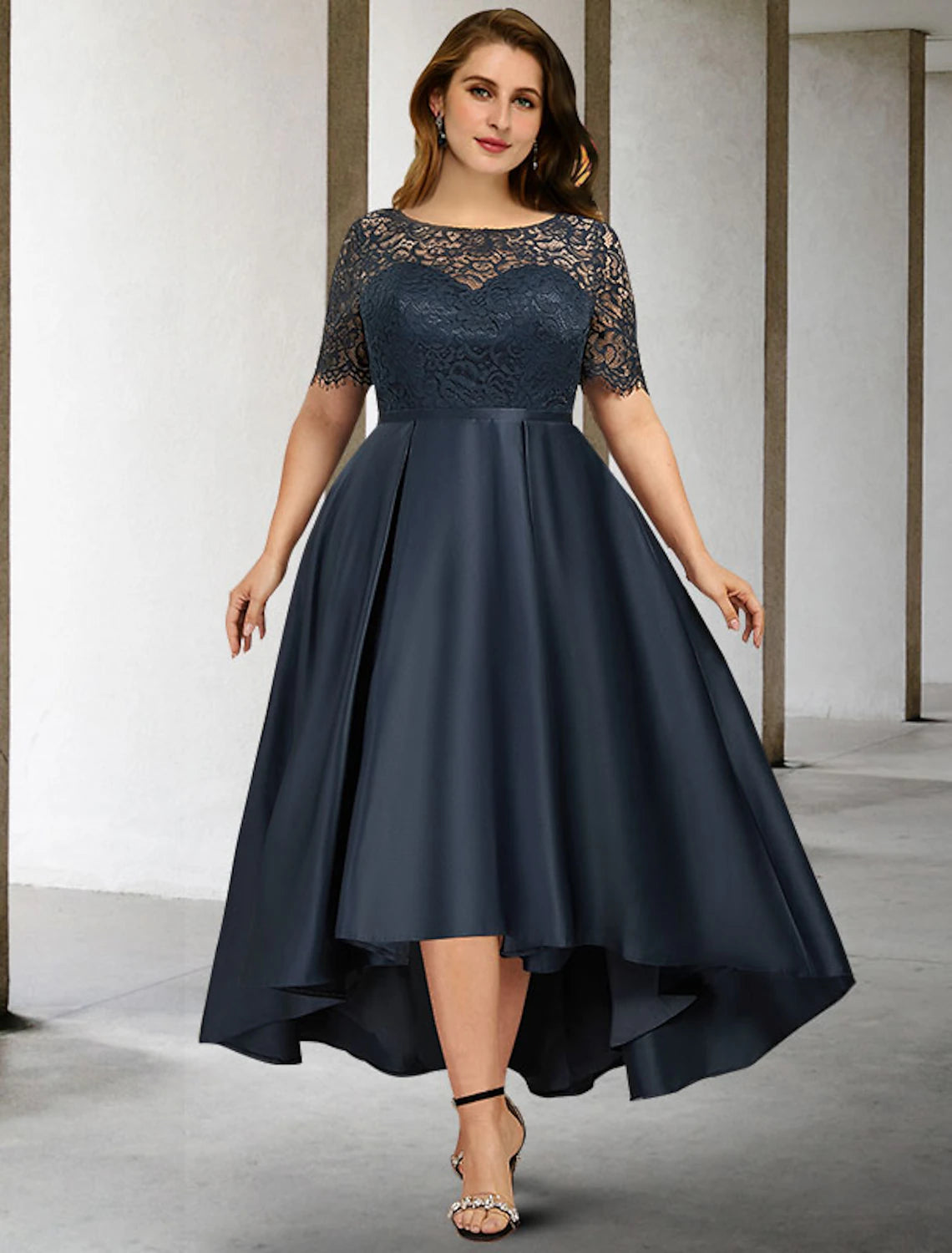 Luolandi A-Line Mother of the Bride Dresses Plus Size Hide Belly Curve Elegant Dress Formal Asymmetrical Short Sleeve Jewel Neck Satin