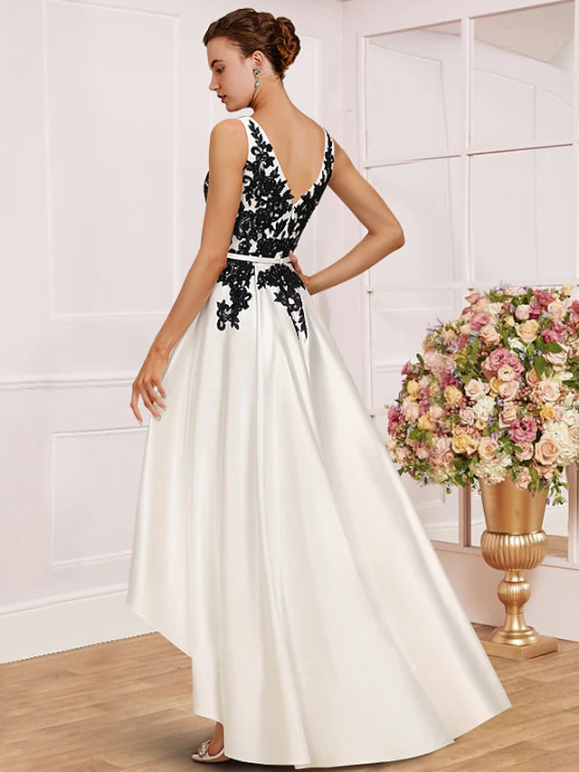Luolandi A-Line Mother of the Bride Dress Wedding Guest Party Elegant V Neck Asymmetrical Satin Lace Sleeveless