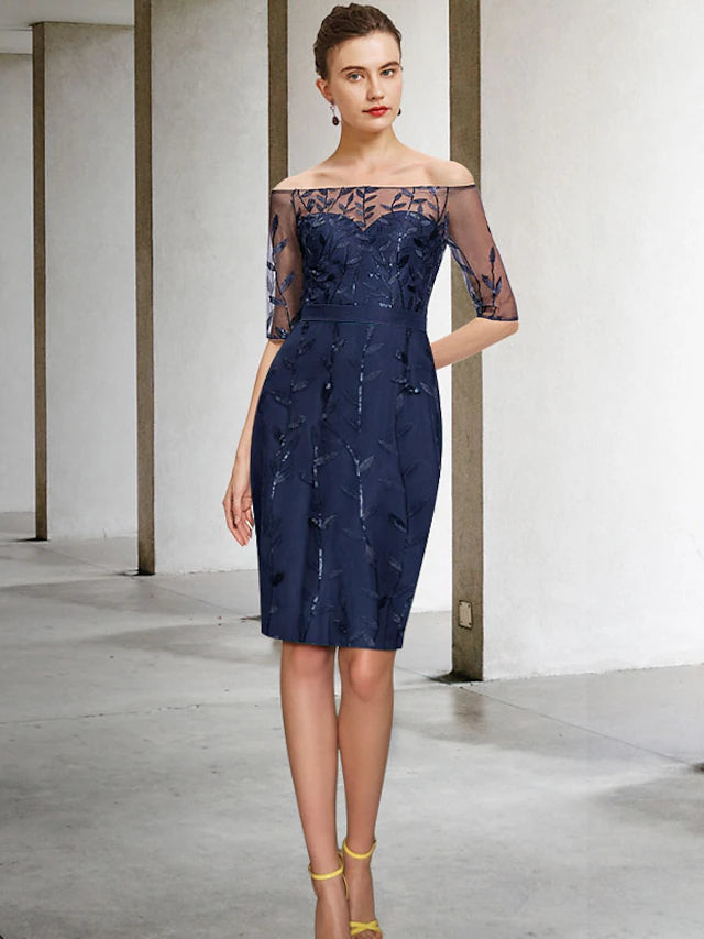 Luolandi Two Piece Sheath / Column Mother of the Bride Dress Formal Wedding Guest Sparkle & Shine Elegant Off Shoulder Knee Length Chiffon Lace Sequined Half Sleeve with Bow(s)