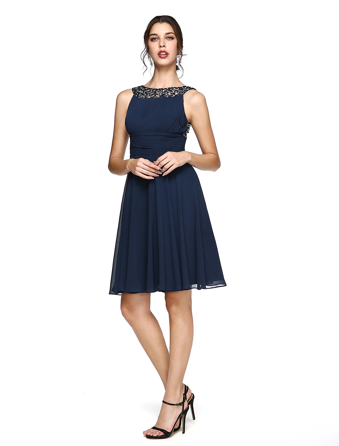 Luolandi A-Line Cocktail Dresses Party Dress Wedding Guest Cocktail Party Knee Length Sleeveless Illusion Neck Chiffon with Ruched Sequin Lace