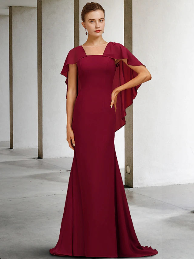 Luolandi Mermaid / Trumpet Mother of the Bride Dress Vintage Elegant Square Neck Sweep / Brush Train Chiffon Short Sleeve with Appliques