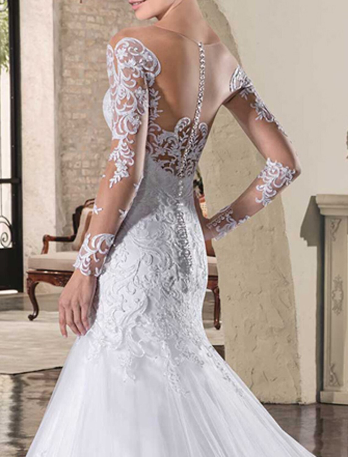 Luolandi Engagement Open Back Formal Fall Wedding Dresses Mermaid / Trumpet Illusion Neck Long Sleeve Court Train Lace Bridal Gowns
