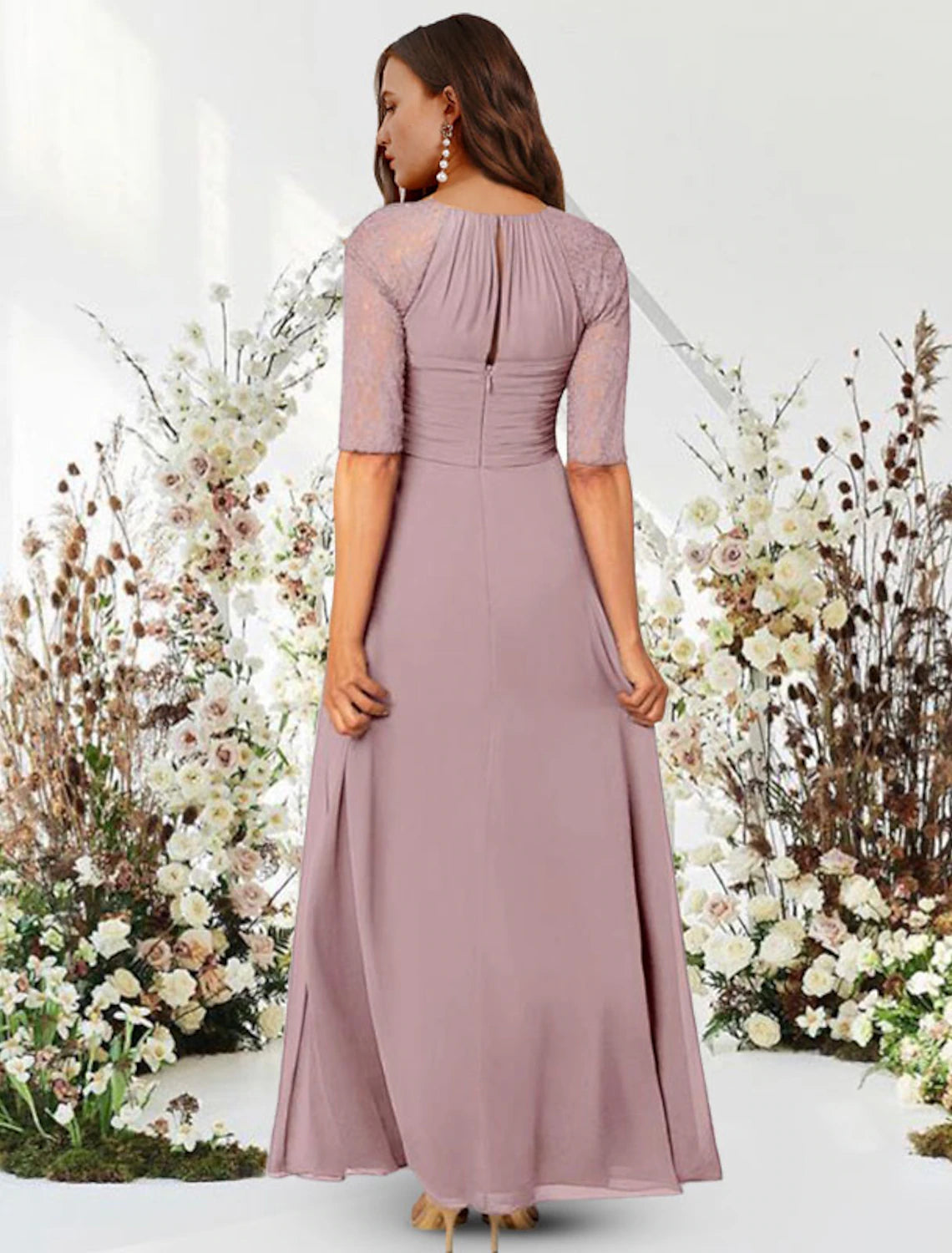 Luolandi A-Line Evening Gown Elegant Dress Wedding Guest Formal Evening Floor Length Half Sleeve Jewel Neck Chiffon