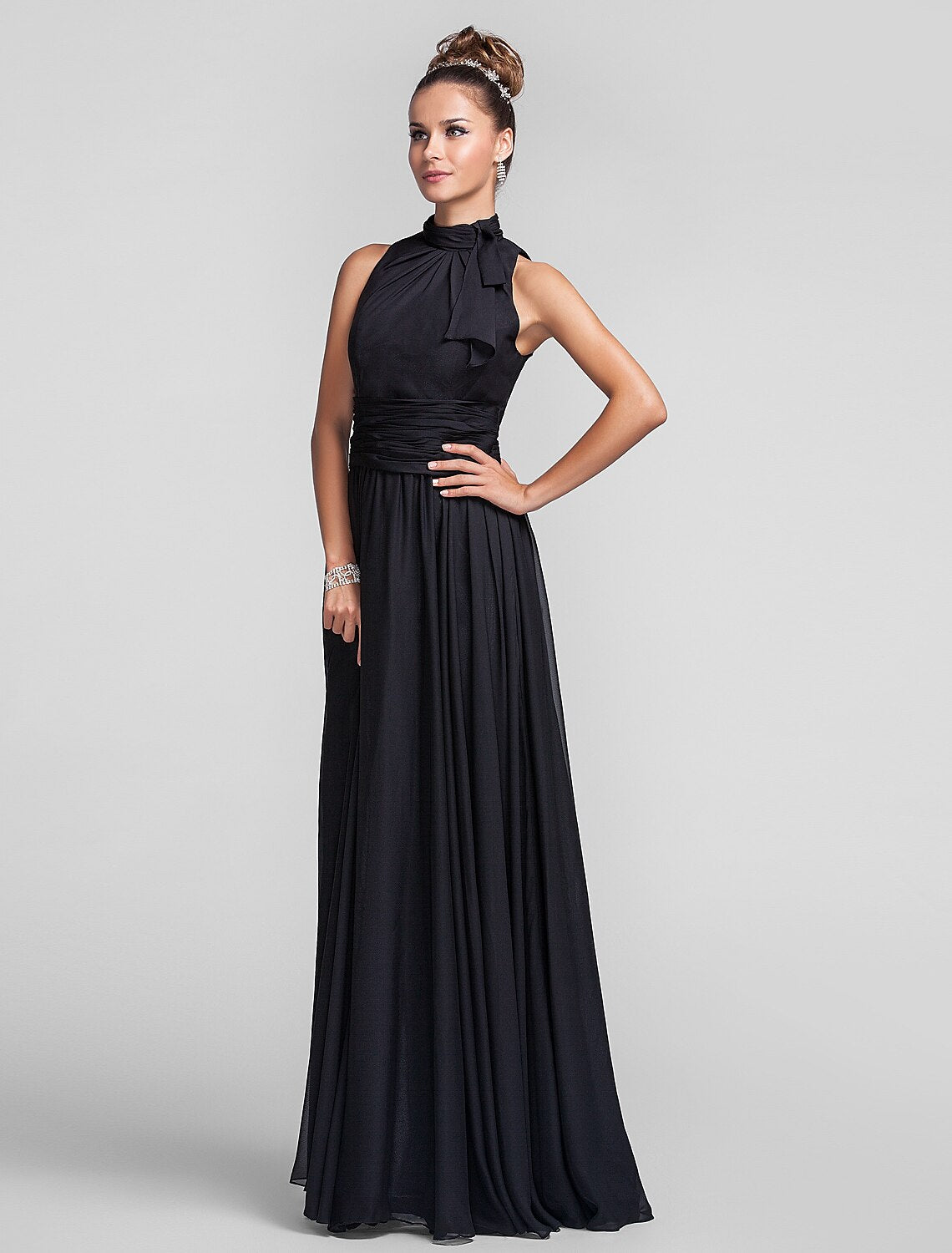 Luolandi Sheath / Column Bridesmaid Dress High Neck Sleeveless Vintage Inspired Floor Length Chiffon with Ruched Ruffles