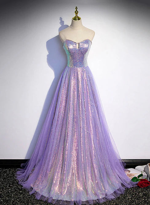 Luolandi Light Purple Tulle and Sequins Sweetheart Long Pary Dress A-line Prom Dress Formal Dress Off Shoulder Sparkly
