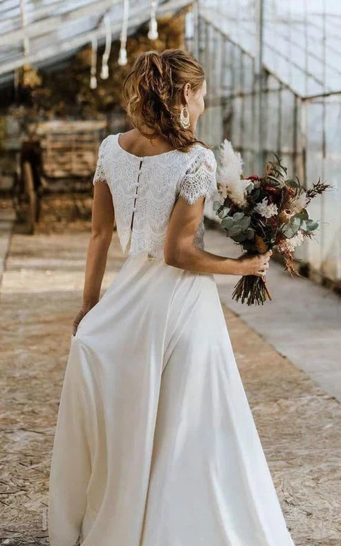 Luolandi Vintage Boho Two-Piece Bateau Satin and Lace Short Sleeve Wedding Dress with Pleats and Sweep Train