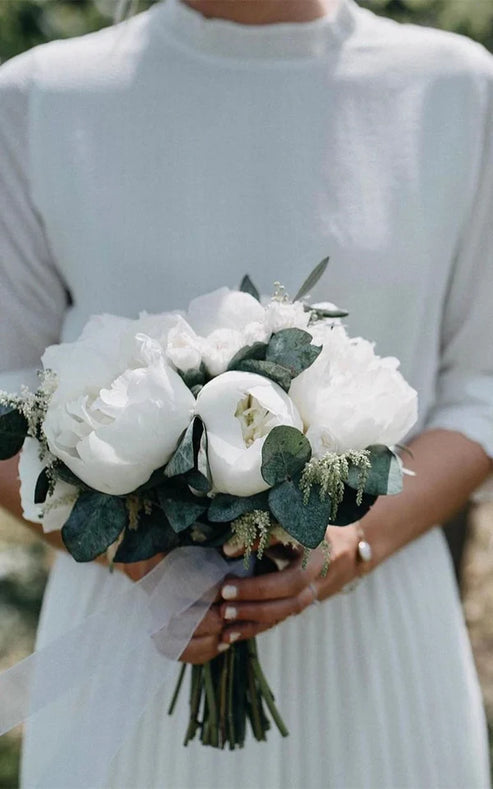 Luolandi Vintage Modest Long Sleeve Wedding Dress with Pleats Simple Tea-length A-Line High Neck