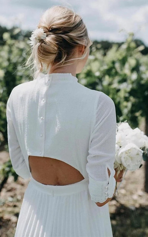 Luolandi Vintage Modest Long Sleeve Wedding Dress with Pleats Simple Tea-length A-Line High Neck