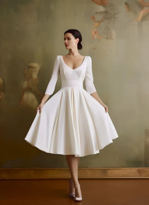 Luolandi Vintage Sleeved A-Line V-neck Satin Tea Length Wedding Dress Simple Formal Dress