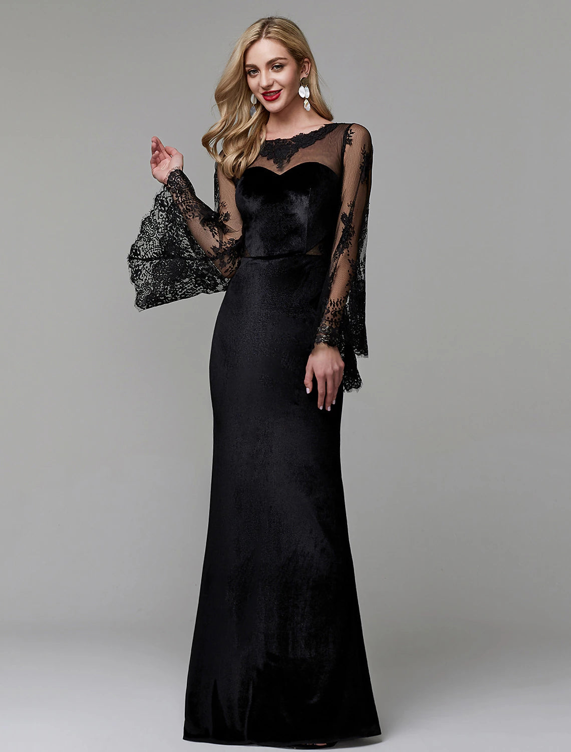 Luolandi Sheath / Column Elegant Dress Wedding Guest Floor Length Long Sleeve Illusion Neck Lace