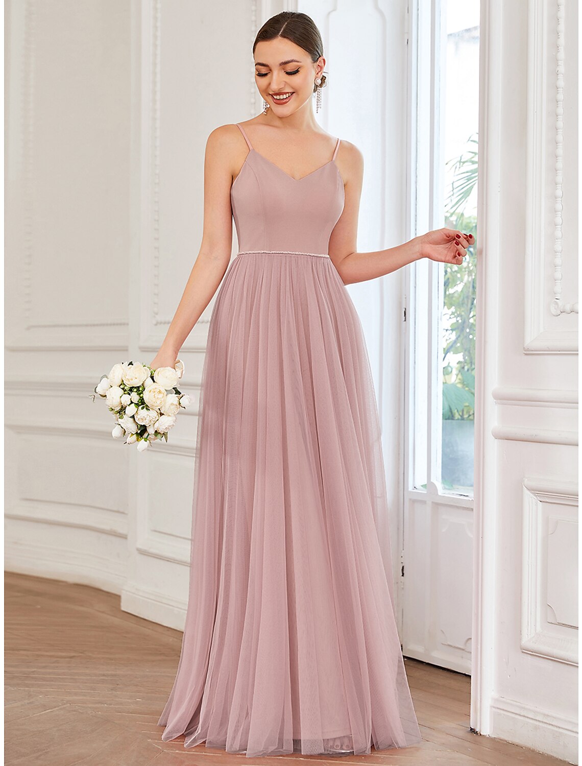 Luolandi A-Line Prom Dresses Vintage Dress Wedding Guest Floor Length Sleeveless V Neck Tulle V Back with Pleats
