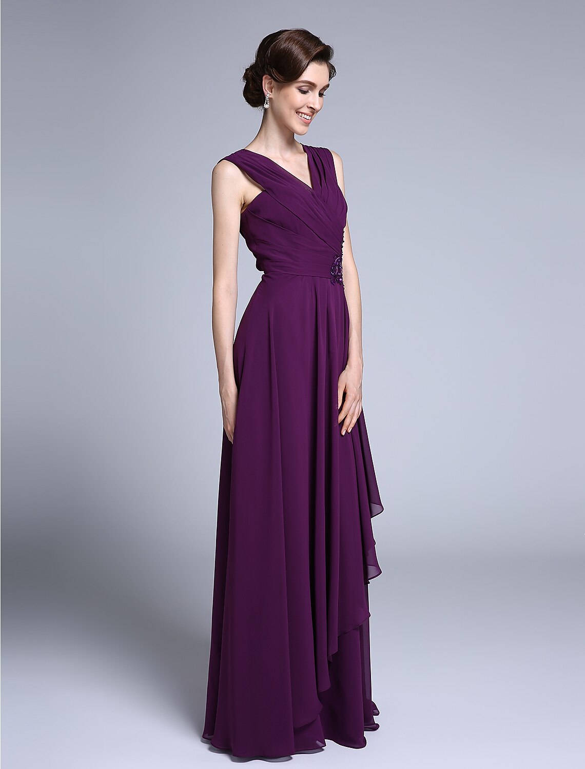 Luolandi Sheath / Column Mother of the Bride Dress Elegant V Neck Floor Length Chiffon Sleeveless