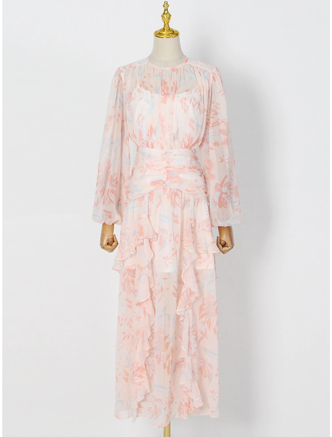 Luolandi A-Line Wedding Guest Dresses Maxi Dress Holiday Floor Length Long Sleeve Jewel Neck Polyester with Floral Print