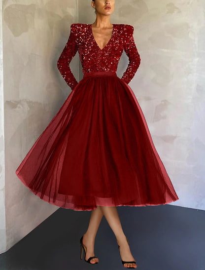 Ball Gown A-Line Cocktail Dresses Sparkle & Shine Dress Evening Party Tea Length Long Sleeve Jewel Neck Tulle