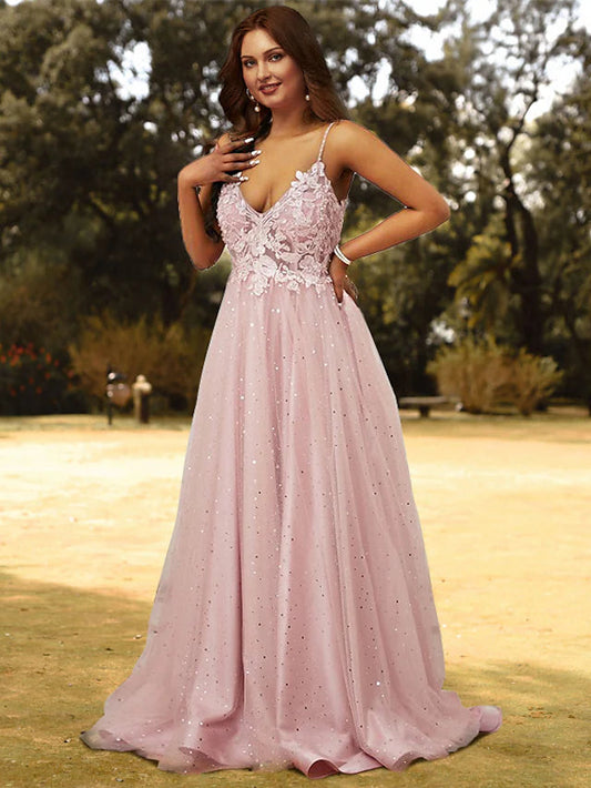 A-Line Prom Dresses Plus Size Dress Wedding Guest Sweep / Brush Train Sleeveless V Neck Tulle with Appliques