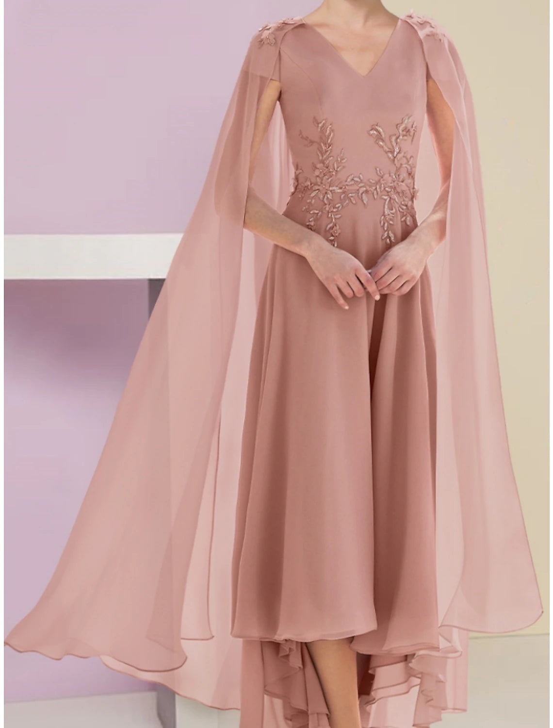 Luolandi A-Line Mother of the Bride Dress Wedding Guest Elegant V Neck Asymmetrical Ankle Length Chiffon Lace Short Sleeve with Ruching