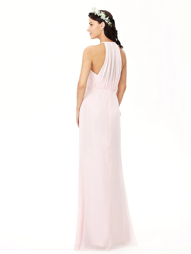 Luolandi Sheath / Column Bridesmaid Dress Jewel Neck Sleeveless Elegant Floor Length Chiffon