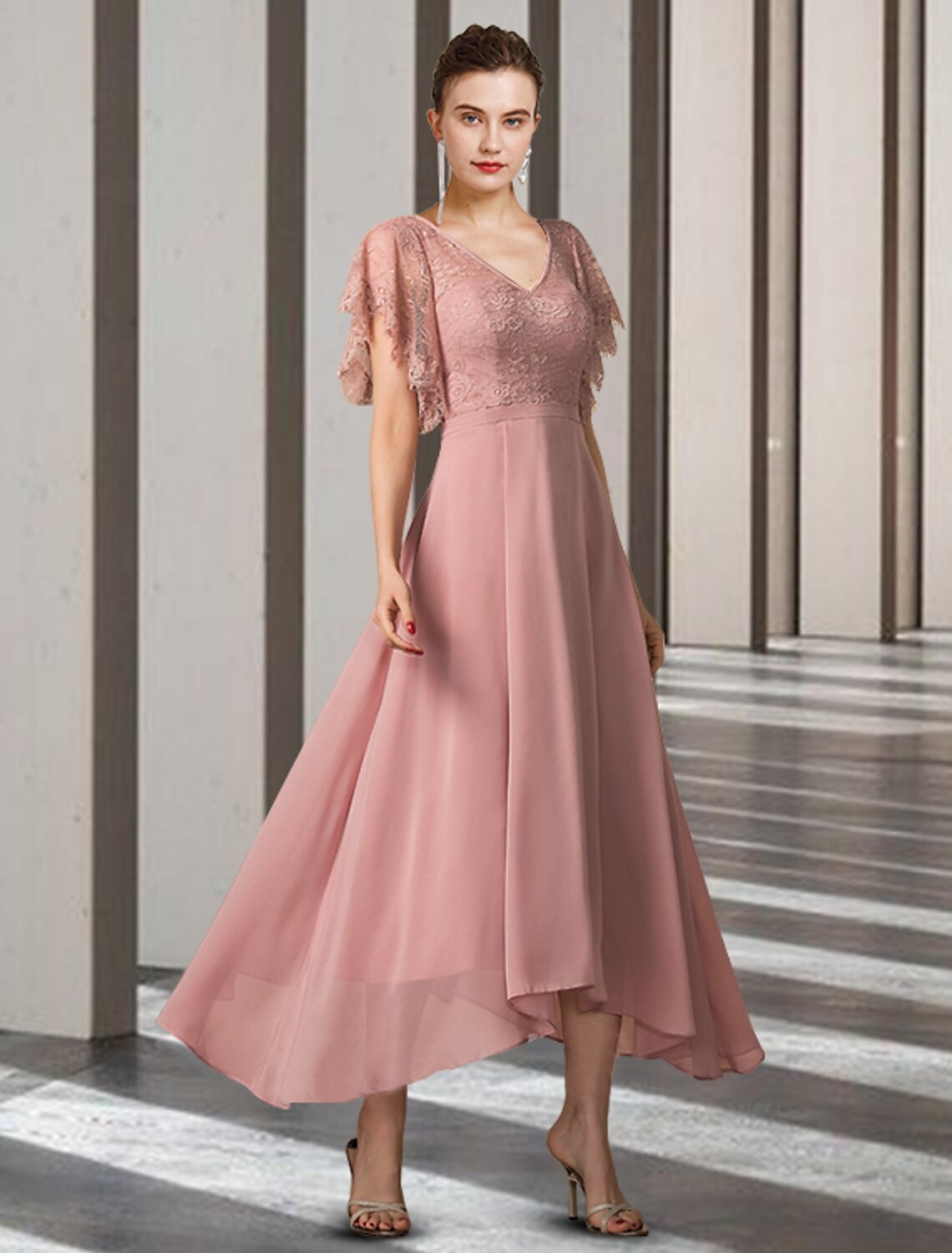 Luolandi A-Line Mother of the Bride Dress Elegant High Low V Neck Asymmetrical Tea Length Chiffon Lace Short Sleeve