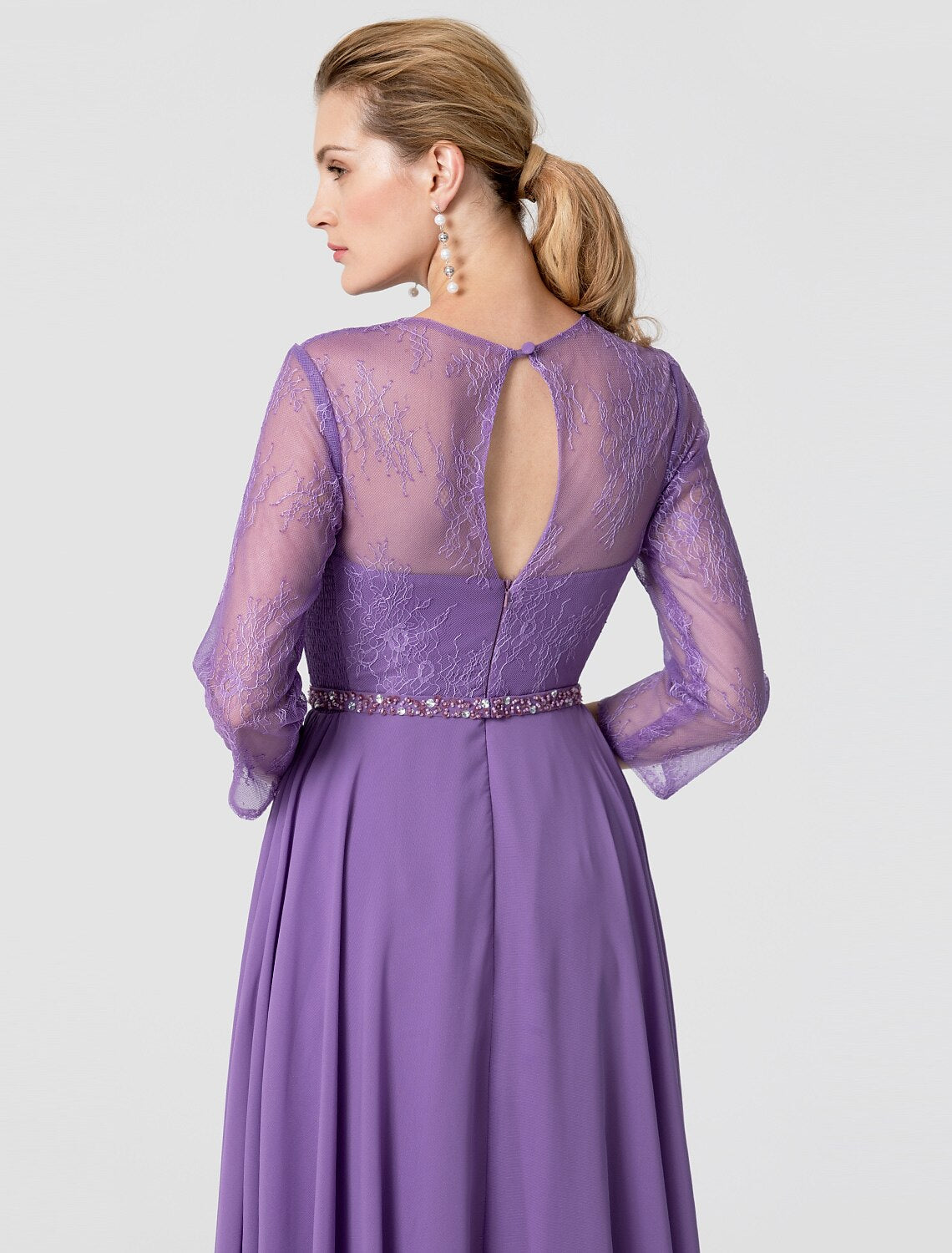 Luolandi A-Line Elegant Holiday Cocktail Party Formal Evening Dress V Neck 3/4 Length Sleeve Floor Length Chiffon Lace with Sash / Ribbon Beading