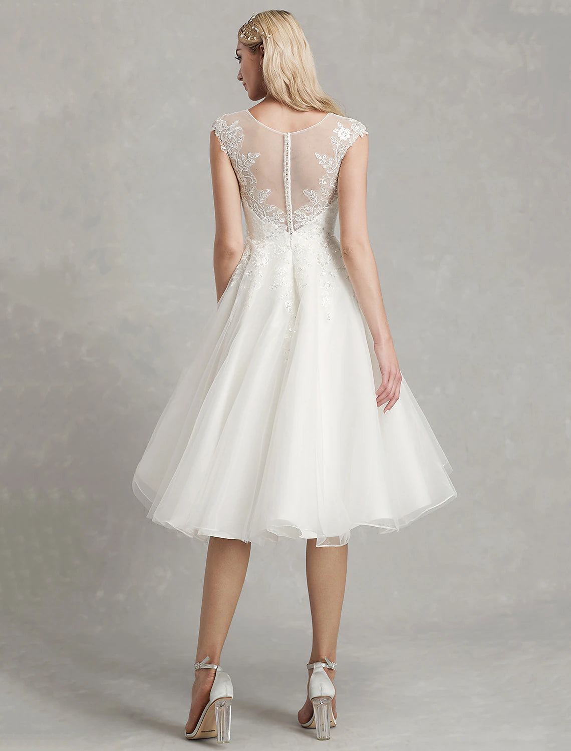 Luolandi Reception Little Dresses Wedding Dresses A-Line Illusion Neck Cap Sleeve Knee Length Lace Bridal Gowns