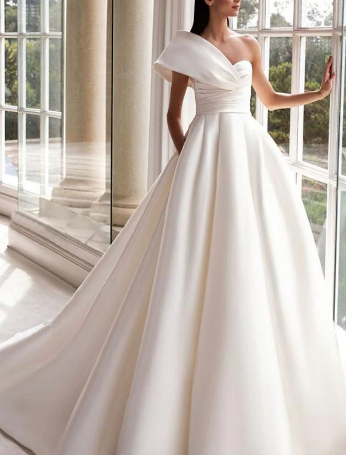 Luolandi Hall Formal Wedding Dresses A-Line One Shoulder Sleeveless Sweep / Brush Train Satin Bridal Gowns