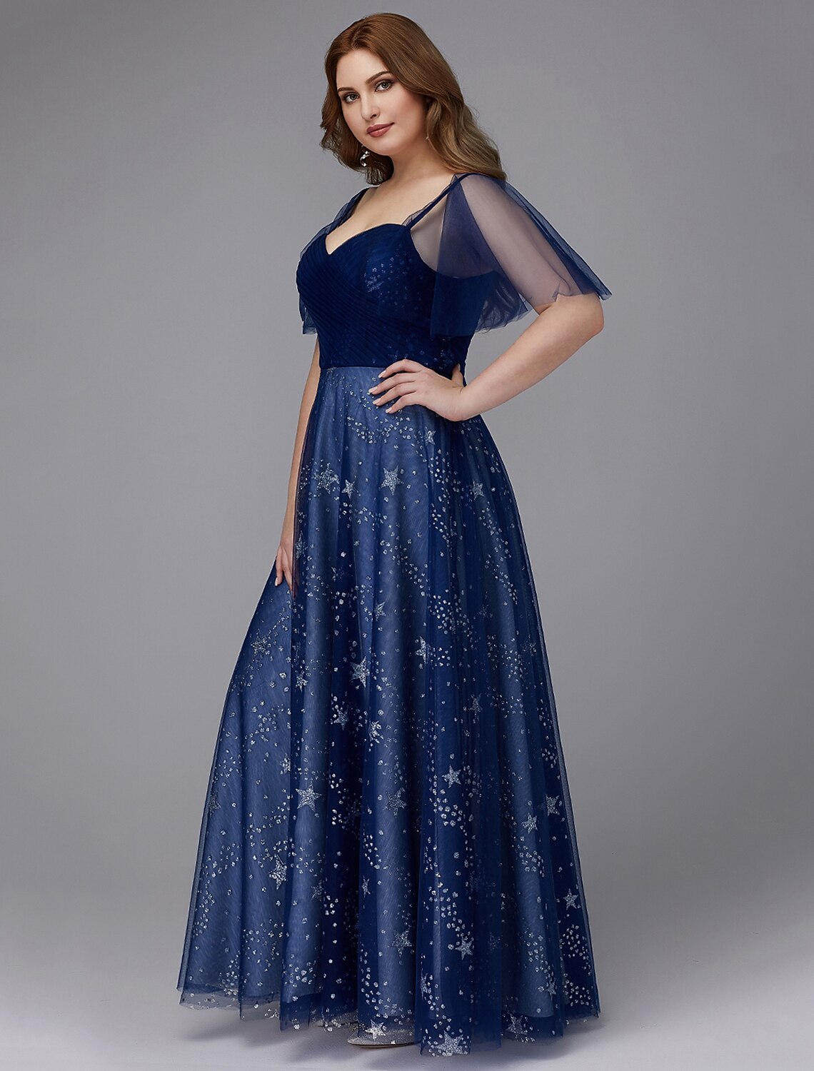 Luolandi A-Line Plus Size Dress Wedding Guest Prom Floor Length Short Sleeve Sweetheart Tulle Lace-up with Beading Pattern