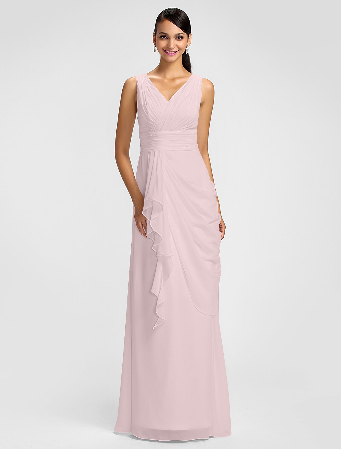 Sheath / Column V Neck Floor Length Chiffon Bridesmaid Dress with Draping / Sash / Ribbon