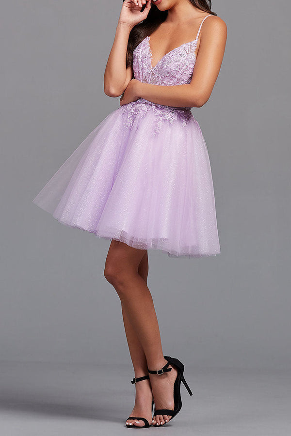 Luolandi A-Line Backless Tulle Appliqued Homecoming Dress Short Lilac Beautiful