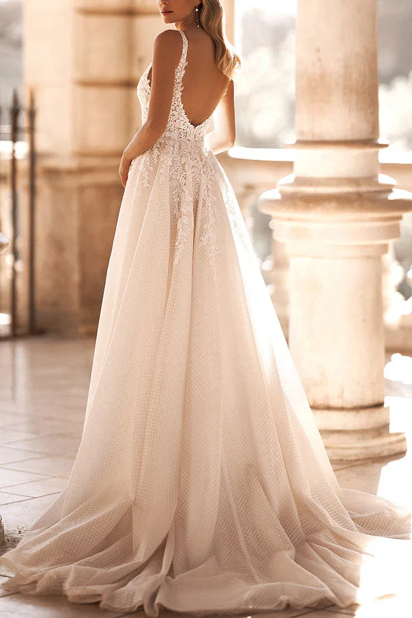 Luolandi A-line illusion V-neck lace sticker rural style slit wedding dress Open Back Sexy