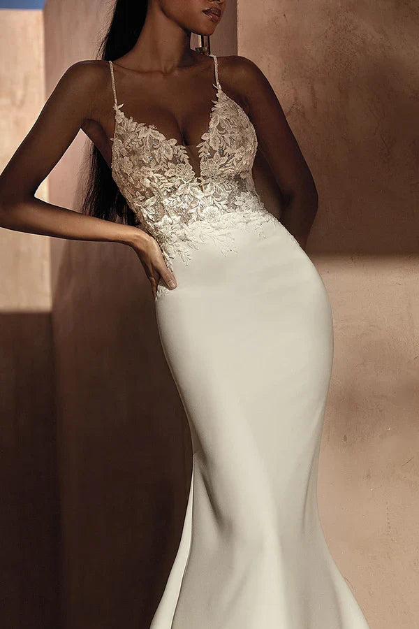 Luolandi Illusion V-neck lace decal mermaid wedding dress Bohemian style bride dress Beautiful