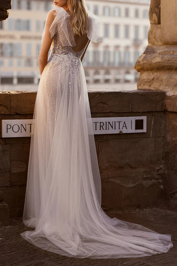 Luolandi A-shaped Deep V-neck Lace Applique Sparkling Bohemian Wedding Dress With Slit