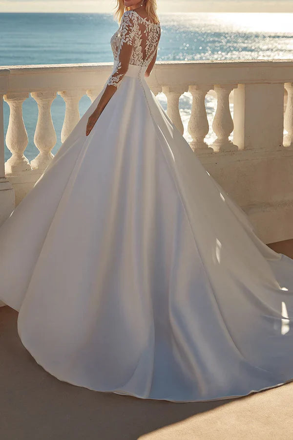 Luolandi A-shaped V-neck 3/4 sleeve satin wedding dress Beautiful