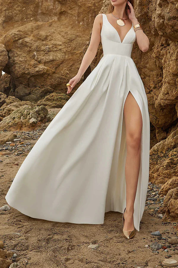 Luolandi A-line sexy V-neck simple slit satin wedding dress Floor Length