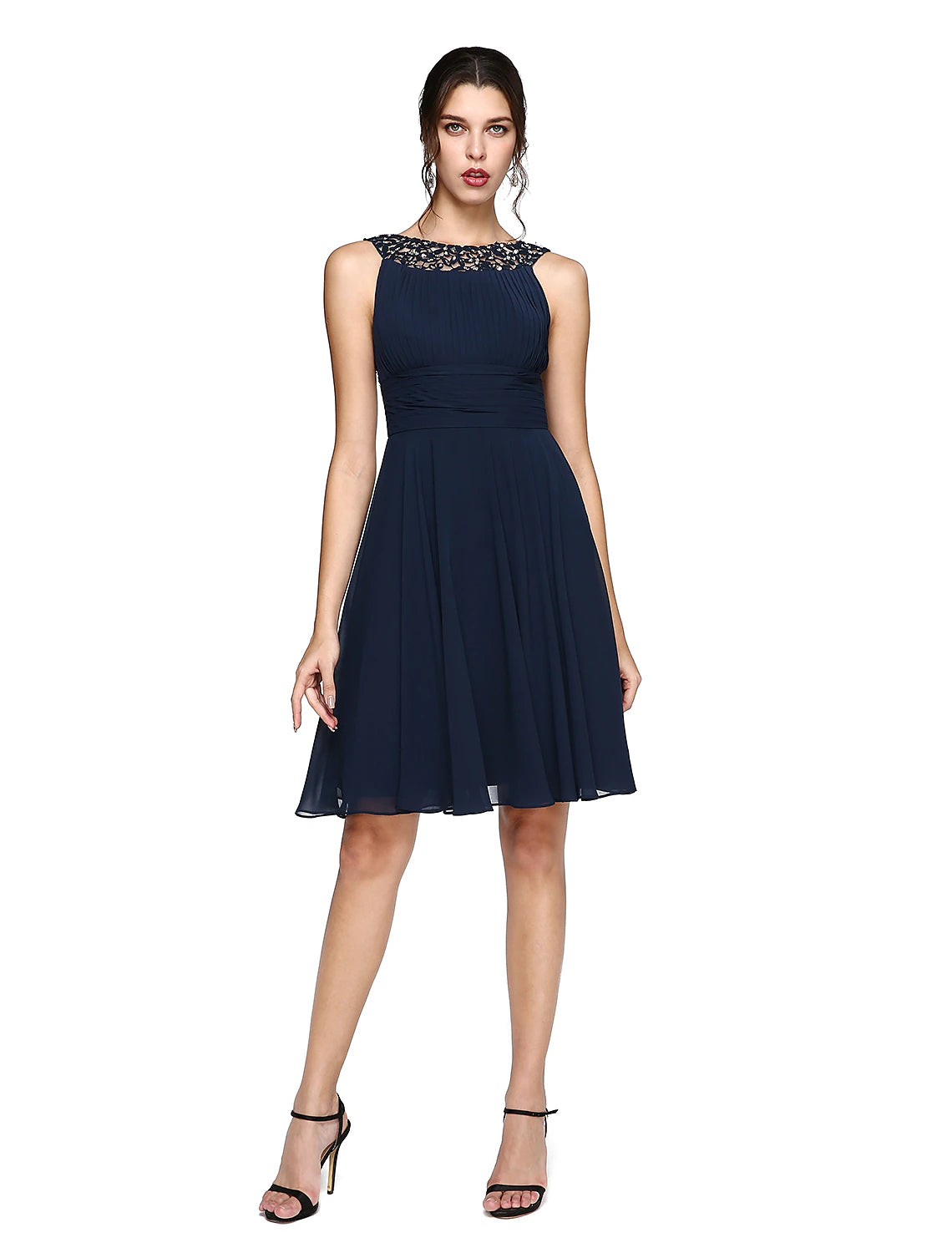 Luolandi A-Line Cocktail Dresses Party Dress Wedding Guest Cocktail Party Knee Length Sleeveless Illusion Neck Chiffon with Ruched Sequin Lace